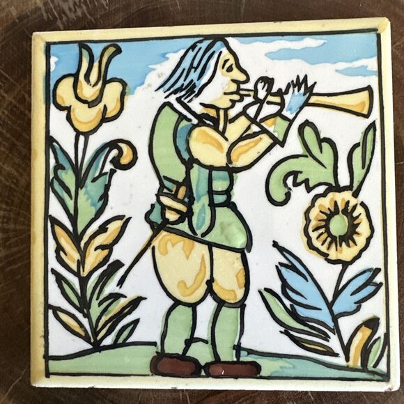 CEDOLESA Art Tile Made in Spain Man with Flute 6" x 6" Colorful Painted - Picture 2 of 8